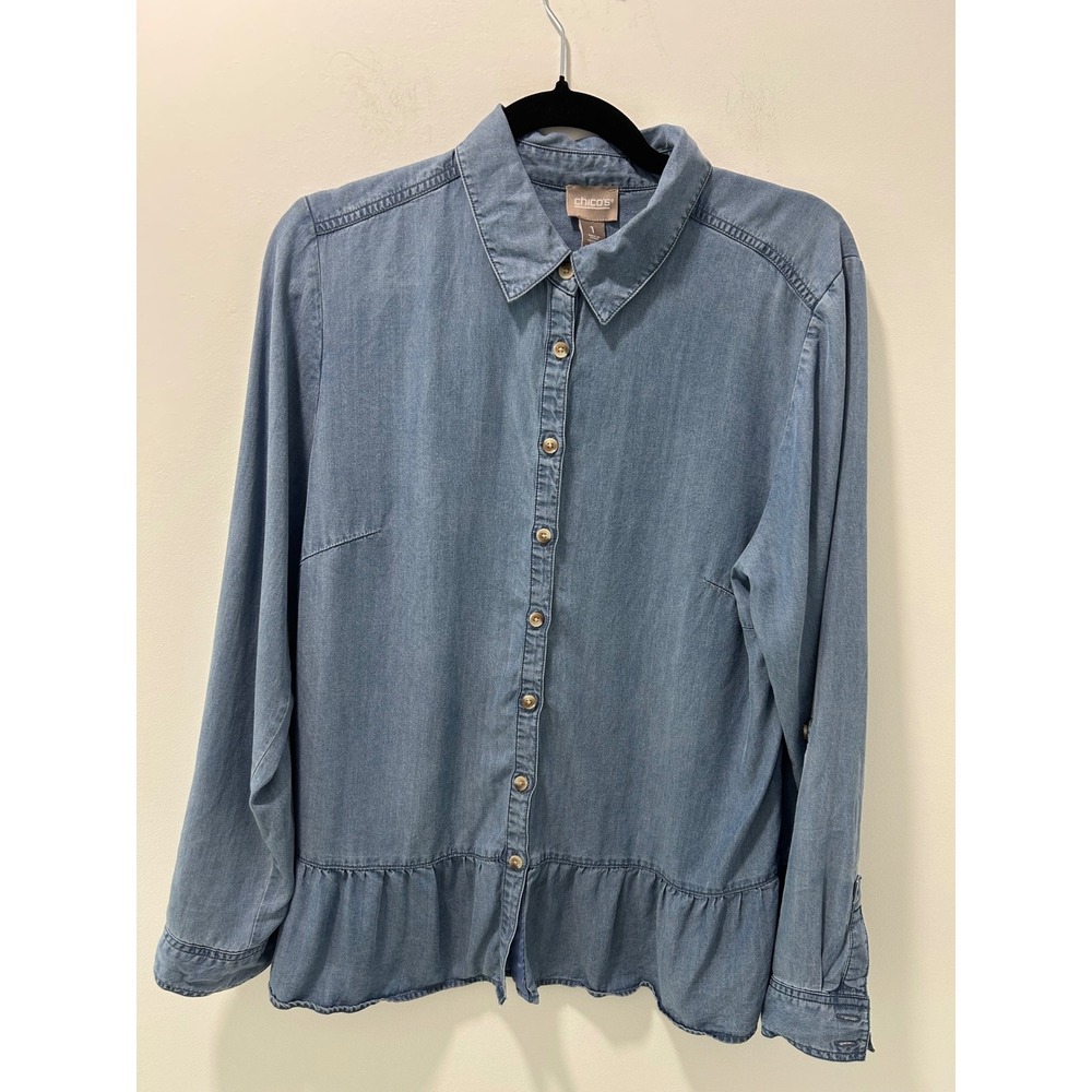 Chicos Blue Lyocell Denim Look Peplum Button Down Shirt Size 1 M Long Sleeve
